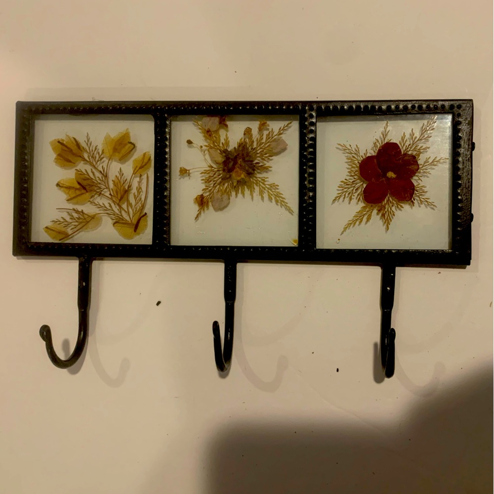 Vintage Pressed Flower Glass Wall Wrought Three Different Flowers 3 Iron hooks